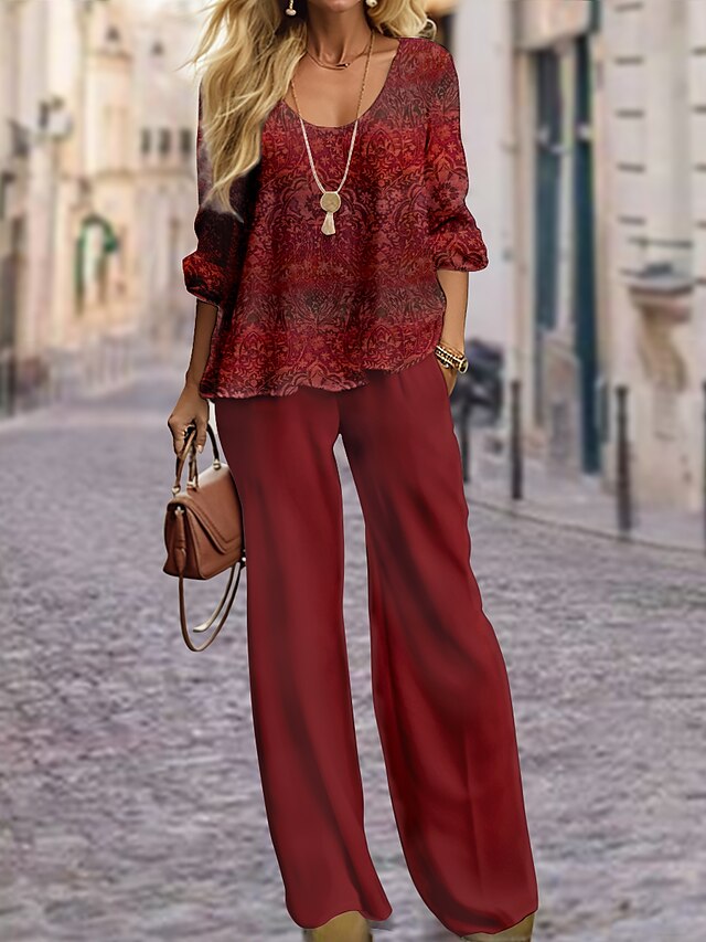 Women's Shirt Pants Sets Red Blue Brown Graphic Print Long Sleeve Casual Daily Fashion Round Neck Regular Fit Spring &  Fall