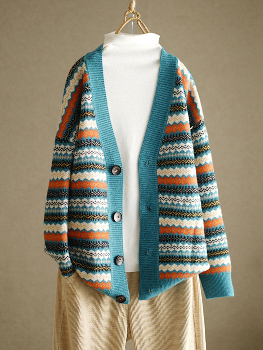 Vintage Ethnic Striped Knitted Cardigan