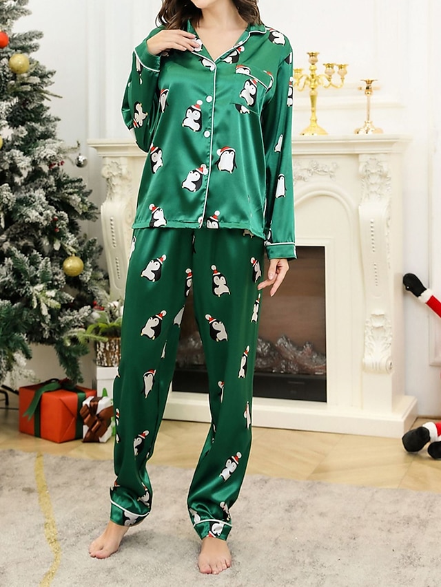 Women's Pajamas Sets Animal Penguin Simple Casual Comfort Home Daily Bed Satin Breathable Lapel Long Sleeve Shirt Pant Button Pocket Fall Winter Green