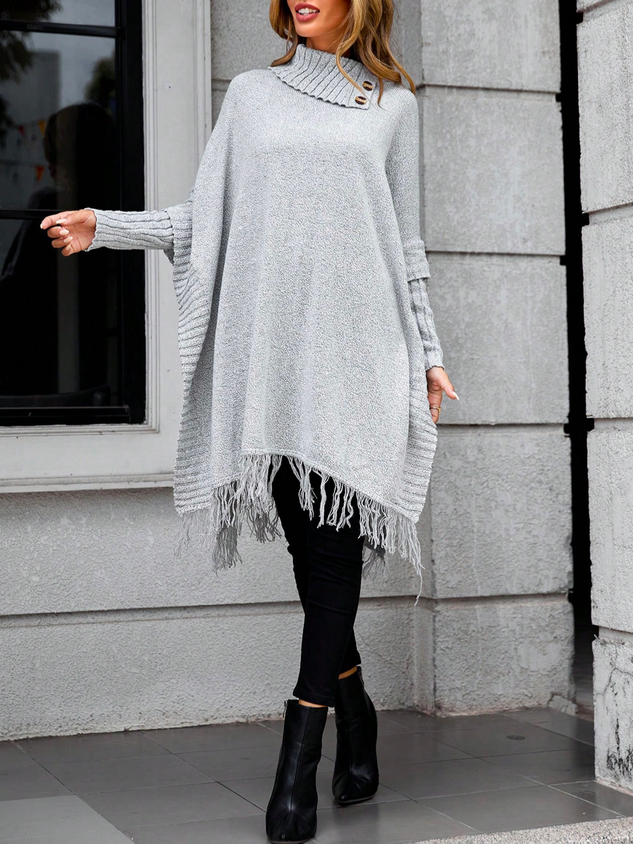 Turtleneck Casual Turtleneck Batwing Sleeve Fringe Hem Sweater