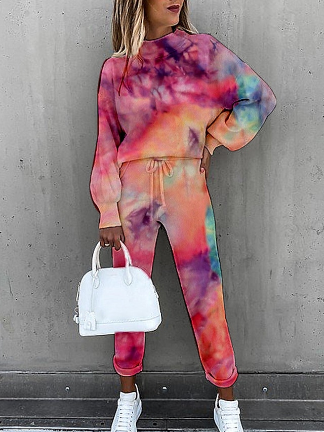 Women's Sweatshirt Tracksuit Pants Sets Active Basic Pink Khaki Sports Outdoor Daily Tie Dye Print Turtleneck S M L XL XXL