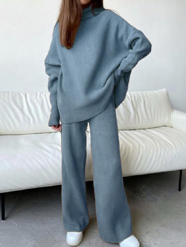 Women Plain Turtleneck Long Sleeve Comfy Casual Top With Pants Two-Piece Set