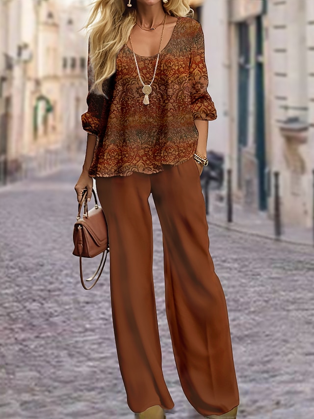 Women's Shirt Pants Sets Red Blue Brown Graphic Print Long Sleeve Casual Daily Fashion Round Neck Regular Fit Spring &  Fall