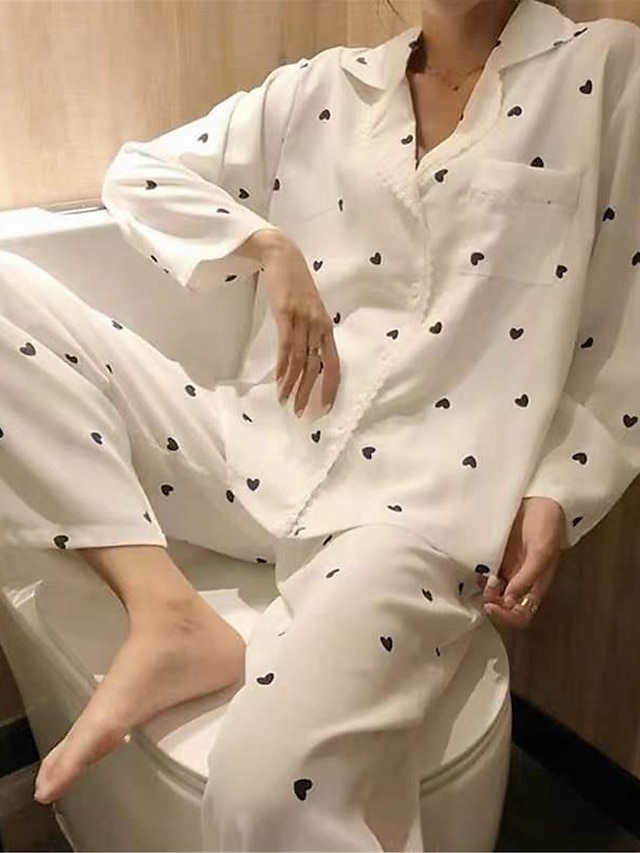 Women's Pajamas Sets Heart Casual Comfort Home Bed Polyester Breathable Lapel Long Sleeve Shirt Pant Pocket Fall Winter White