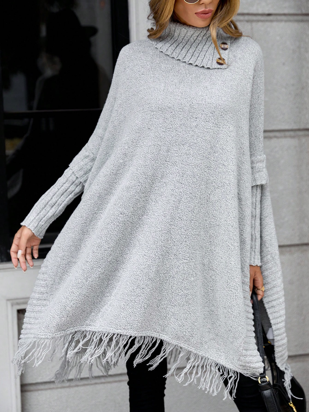 Turtleneck Casual Turtleneck Batwing Sleeve Fringe Hem Sweater