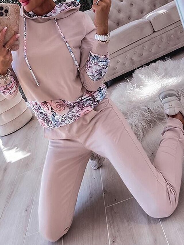 Women's Loungewear Sweatshirt Pullover Sets 2 Pieces Patchwork Flower Simple Casual Comfort Home Daily Vacation Polyester Breathable Long Sleeve Hoodie Pant Pocket Elastic Waist Hoodie Fall Winter