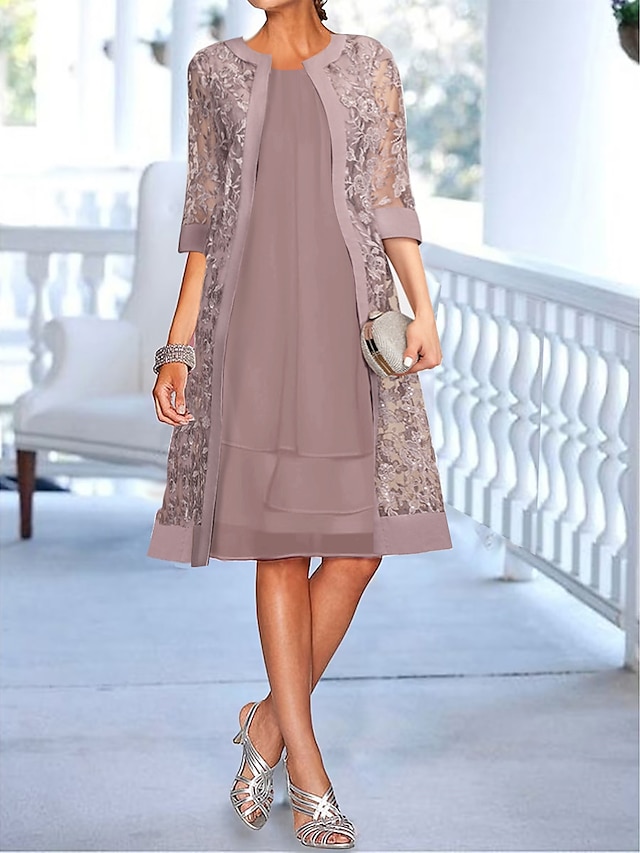 Women's Two Piece Dress Set Party Dress Lace Dress Party Wedding Guest Fashion Elegant Lace Patchwork Midi Dress Crew Neck 3/4 Length Sleeve Plain Regular Fit Light Purple Fall Winter S M L XL XXL
