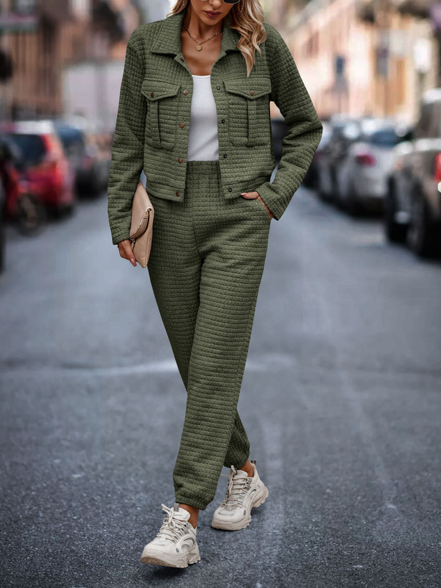 Women Plain Shawl Collar Long Sleeve Comfy Casual Coat With Pants Two-Piece Set